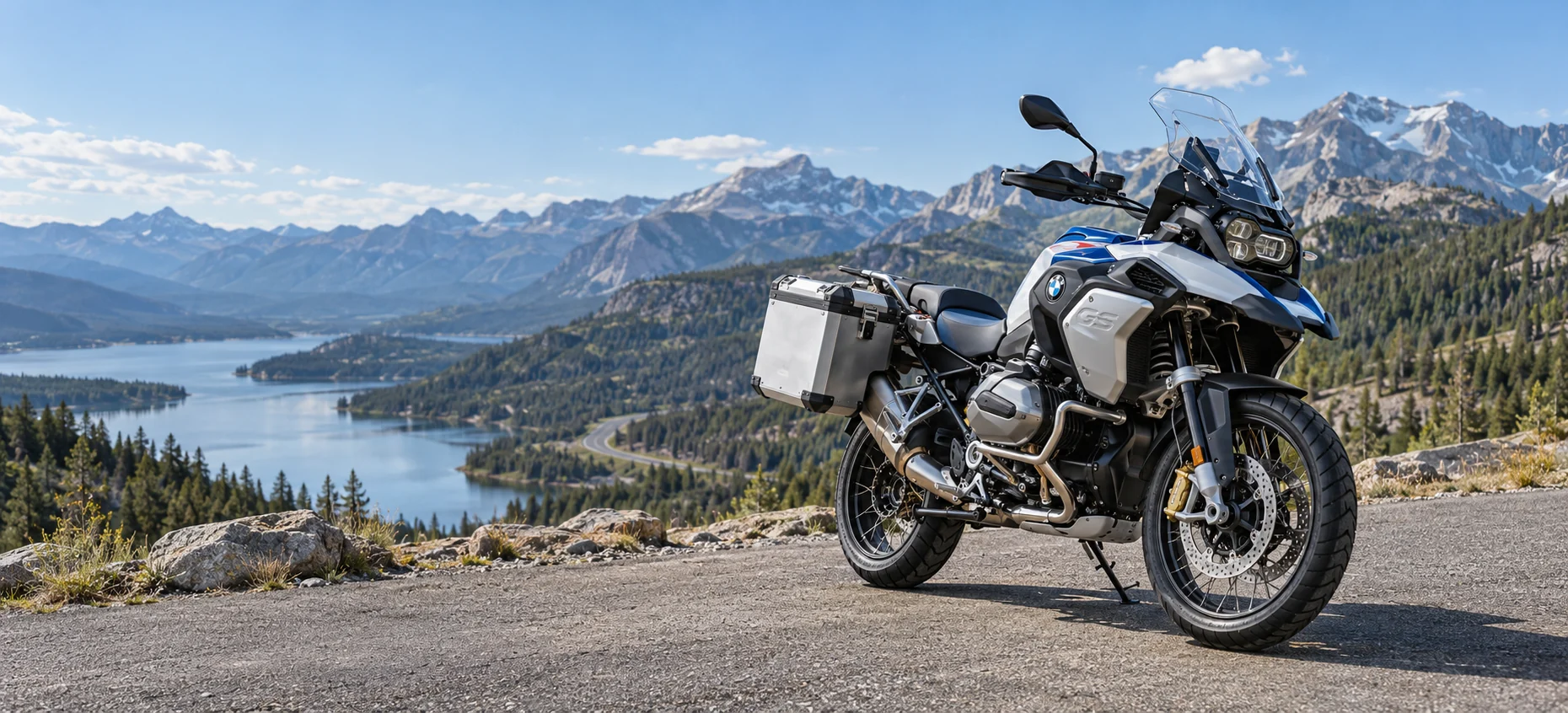 BMW R 1250 GS na górskim punkcie widokowym — ilustracja
