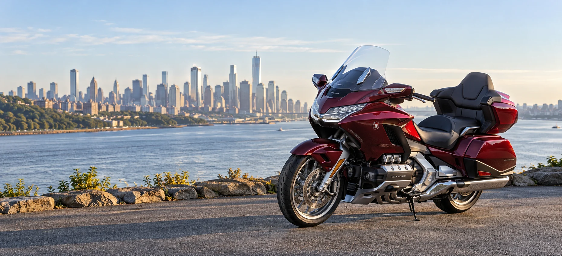 Honda Gold Wing Tour nad nowojorskim nabrzeżem — ilustracja
